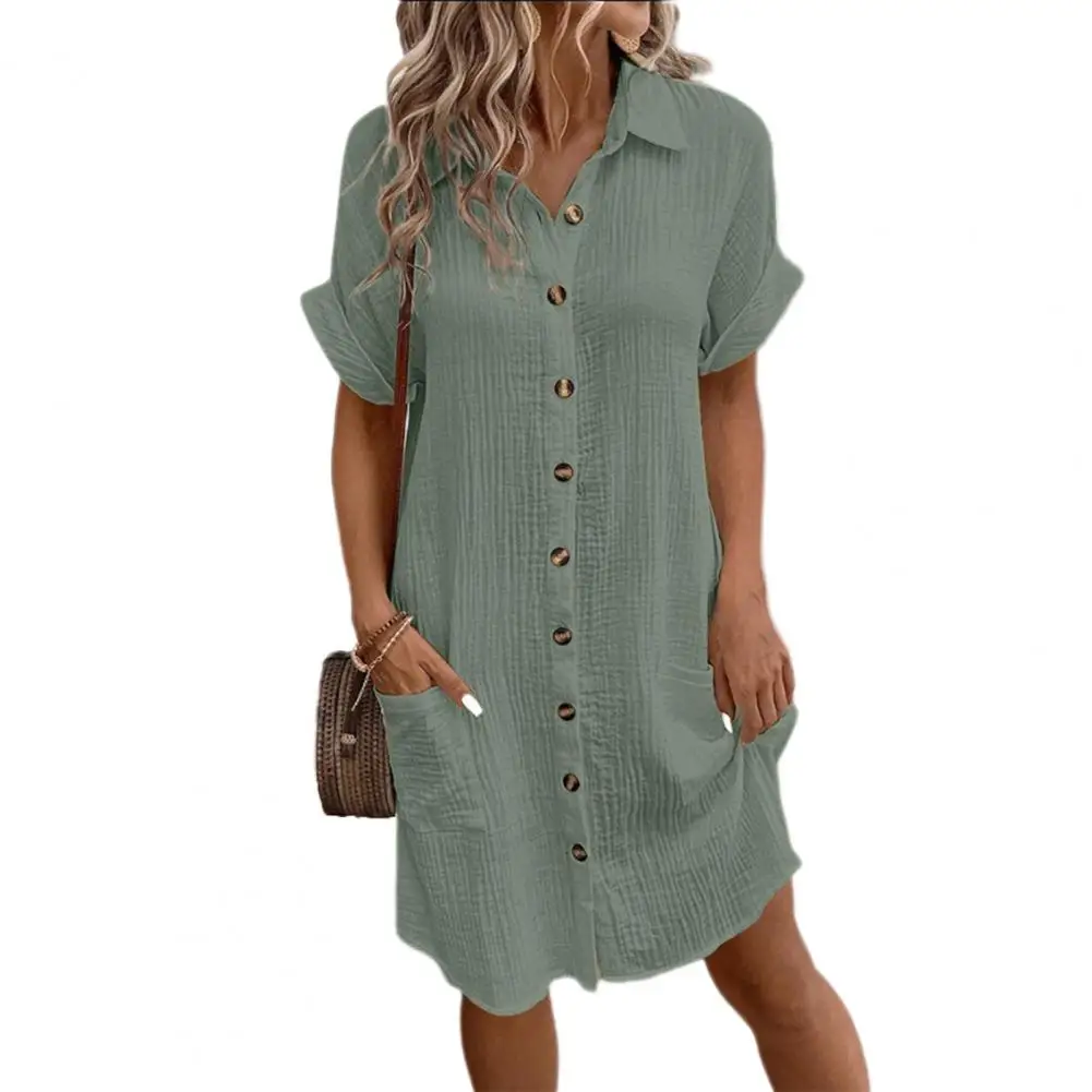 

Solid Color Women Dress Stylish Knee-length Midi Dress Turn-down Collar Short Sleeves Patch Pocket for Summer Commute Leisure