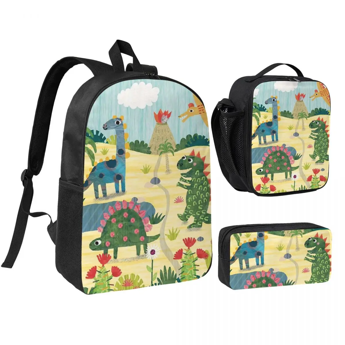Cartoon Dinosaur World Scenery Backpack Boys Girls BookBag School Bag Shoulder Bags 3ps Insulated Lunch Bag Pencil Case
