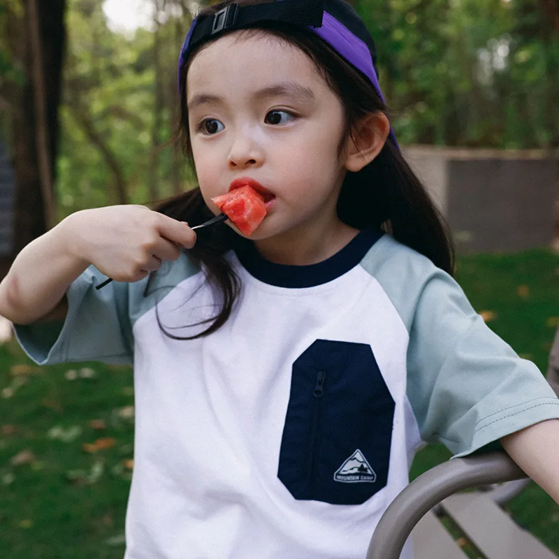 

RomperDew Outdoor Kids Summer Kids Clashing Short Sleeve Girls Moisture Transferring Top Organic Cotton Baby Clothes T-shirt