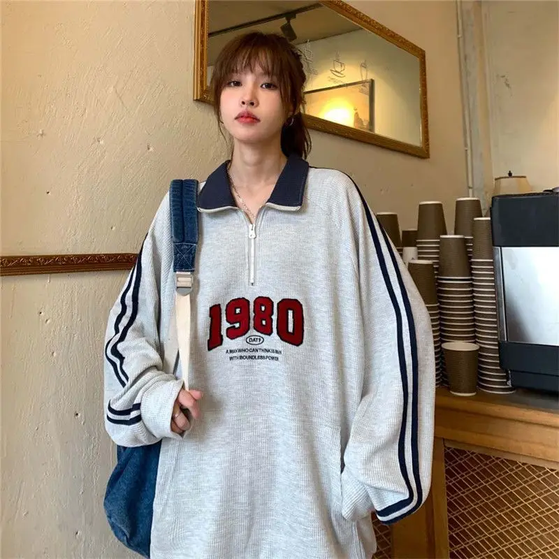 Oversized Sweatshirts Femme Stand Collar Loose Autumn Zipper Casual Pullovers Coat Women Clothing All-match Trend T-Shirts Tops