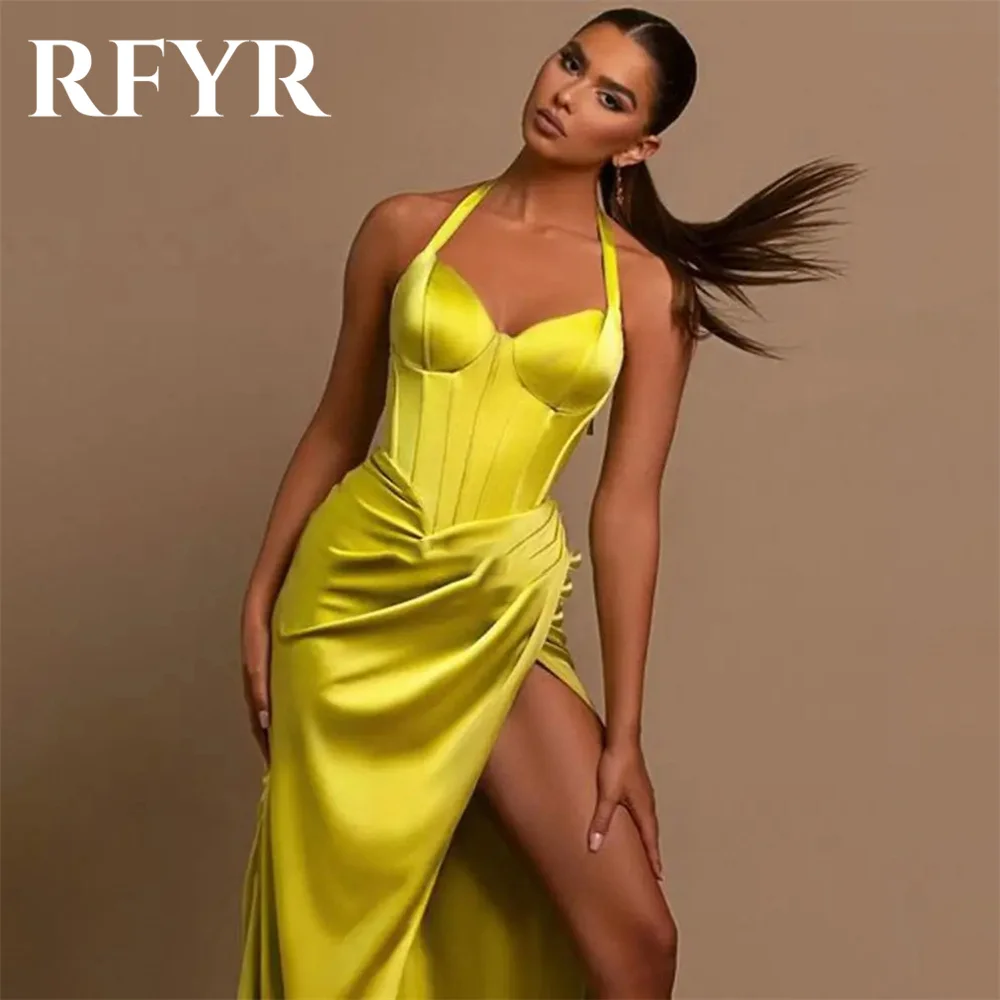 RFYR Yellow Elegant Evening Dress For Party Satin Halter Pleats Satin Mermaid Prom Gowns Split Train Celebrity Dress Customized
