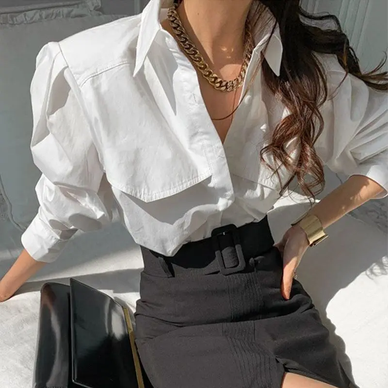 Elegant White Chiffon Blouses Women Cotton Chic Puff Sleeve Old Money Style Long  Shirts Casual Loose Office Wear 2024 Top