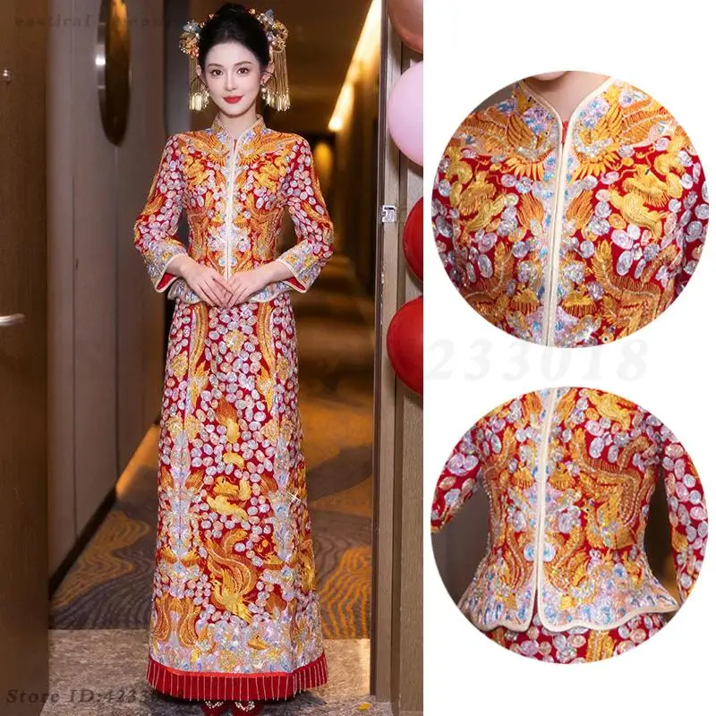 

Bridal Wedding Dress Cheongsam Set High Quality Embroidery Xiu He Traditional Chinese Clothing Exquisite Tang Suit Marriage Gift