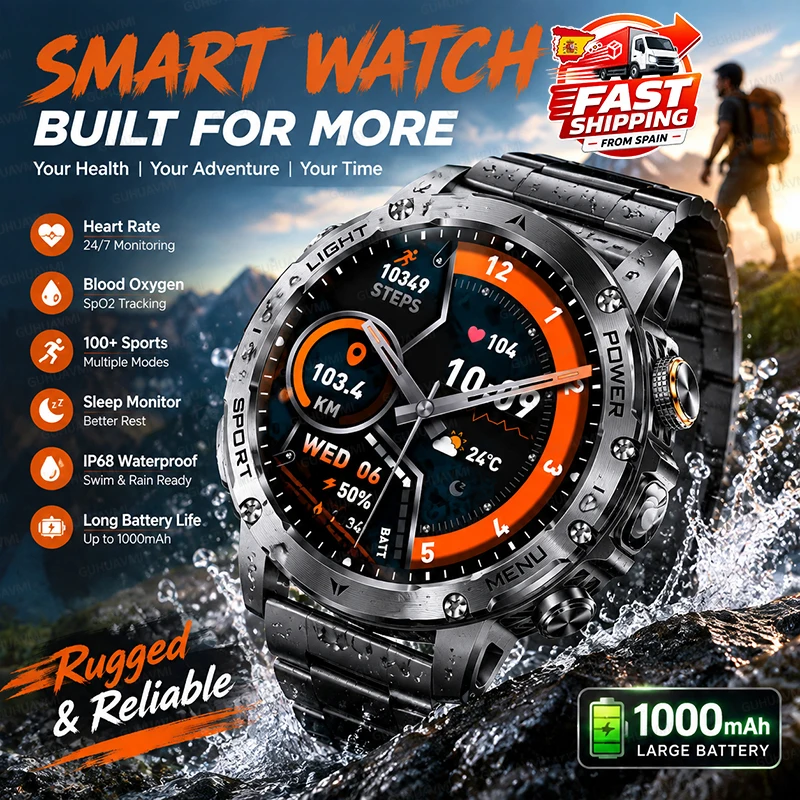 Montre intelligente pour hommes, de qualité militaire, avec batterie de grande capacité de 1000 mAh, écran HD de 1,7 pouces, lampe torche LED tactique, étanche IP68, appels Bluetooth, montre de sport, modèle 2026, NOUVEAU.