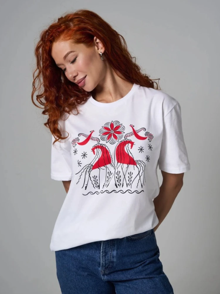 Women Folk Art Red Horse Floral Bird Line Graphic Oversized Short Sleeve T-Shirt Russain Fashion Soft Pure Cotton Summer Casual
