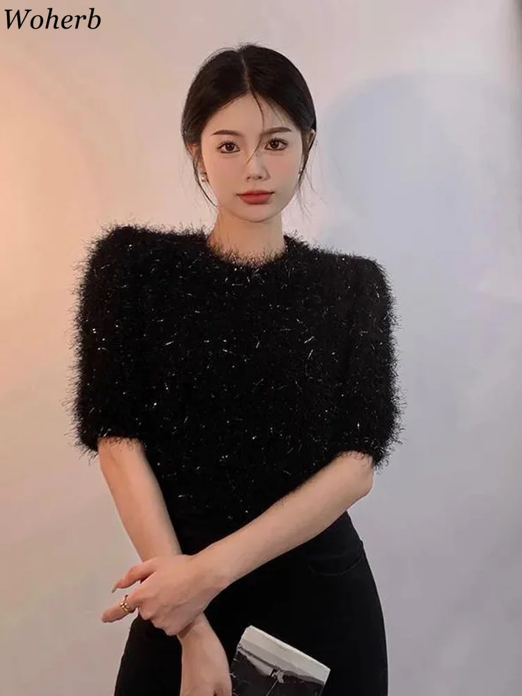 Woherb Summer Thin Knitted Short Sleeve Basic Sweater Women 202 Korean Fashion Caaual Tassel Knitwear Chic Sueter Mujer