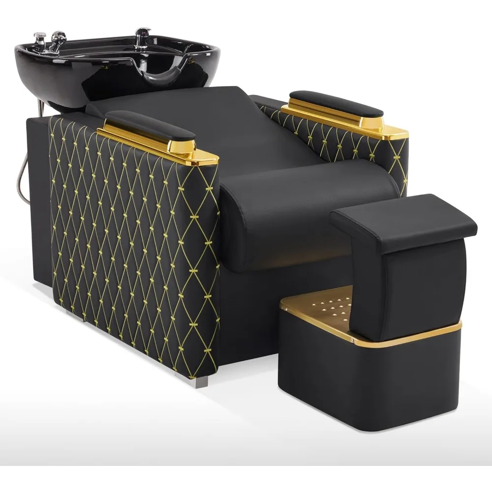 Backwash Shampoo Station Chair with Porcelain Ceramic Hair Wash Bowl, Vacuum Breaker, Professional Black&Gold Shampoo Chair