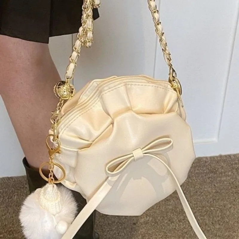 

Cute bow chain small round bag fashion bag PU material pleat
