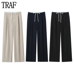 TRAF 2024 Wide Leg Pants for Women High Waist Baggy Pants Woman Pleated Office Woman Trousers Double Waistband Women's Pants