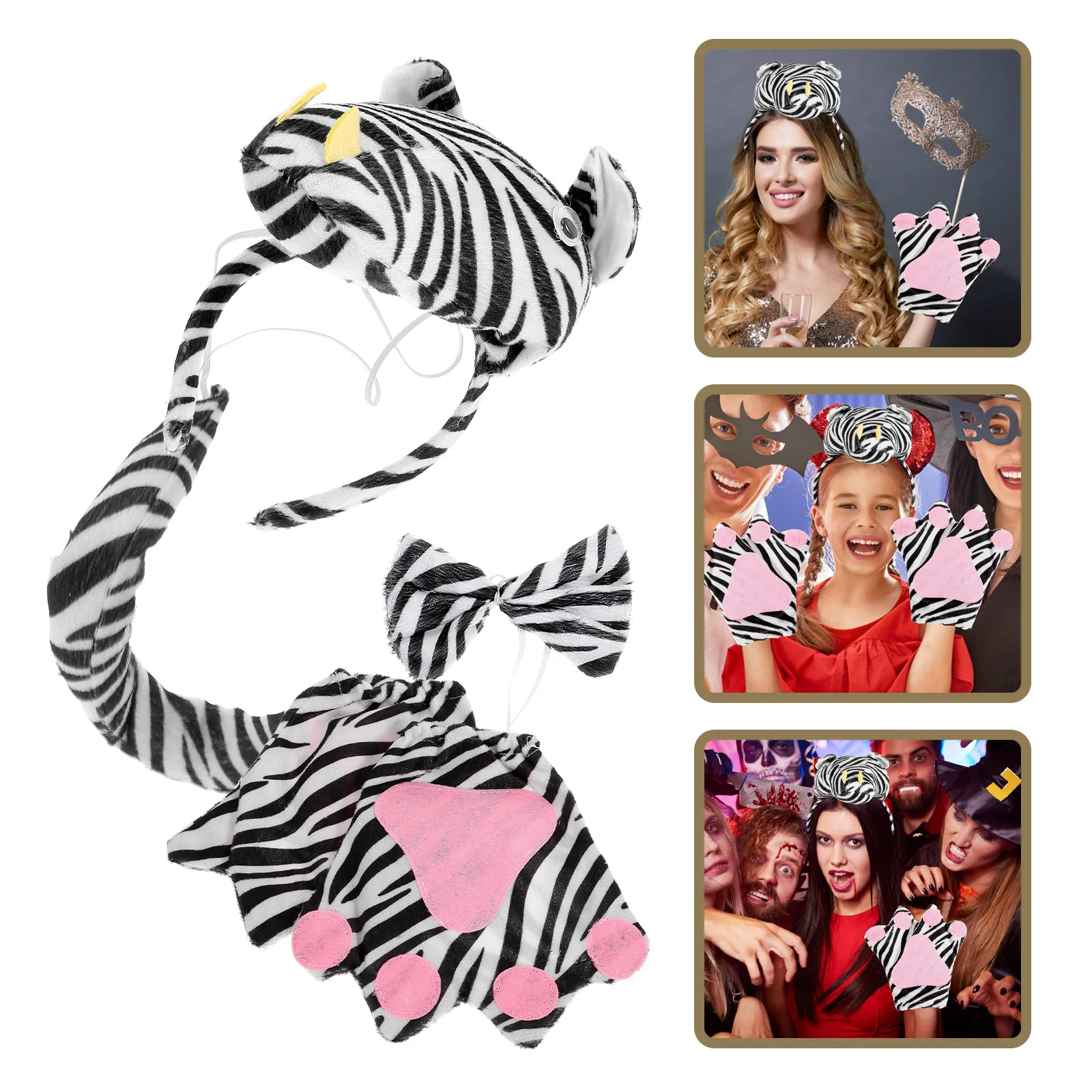 

1 Set Accessories Halloween Animal Headband Tail Bowtie Gloves Set For Cosplay Party Festival Stage Performance Adult Women