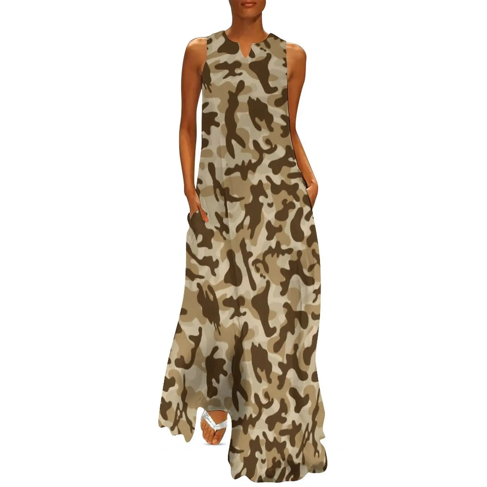 Trendy Desert Tan Dress Camouflage Print Party Maxi Dress Street Fashion Casual Long Dresses Summer Sleeveless Custom Vestidos