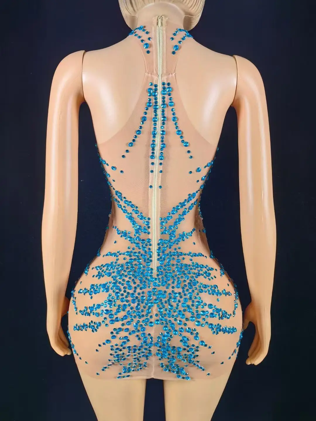 Vestido Sexy brillante con diamantes de imitación, vestido de malla transparente para fiesta de noche, fiesta, celebración de cumpleaños, cantante, bailarina, sesión de fotos, ropa de escenario