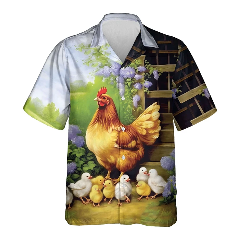 Chicken Hawaiian Shirts For Men Clothes Poultry Casual Button Down Short Sleeve Shirt Great Rooster Lapel Blouse Man Streetwear