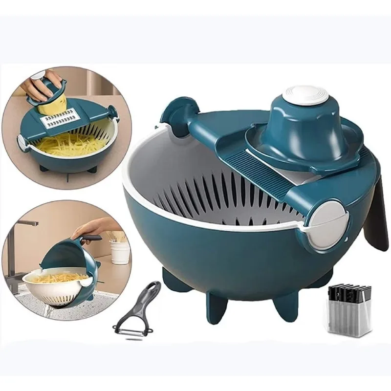 Multifunctional Fruit and Vegetable Kitchen Tools Rotary Vegetable Cutter with Drain Basket 8pcs Plater Vegetable Chopper Mixer