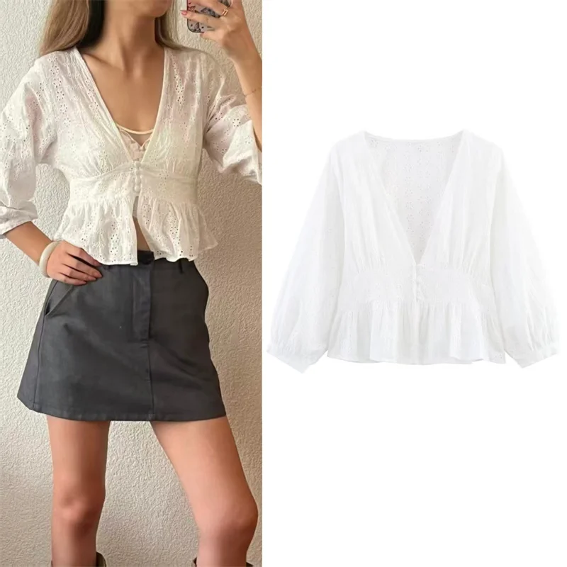 

Women's Shirt 2026 Spring New White Long Sleeve Embroidered Hollow Decoration Waist-Tied V-Neck Shirt Sexy Fashion Casual