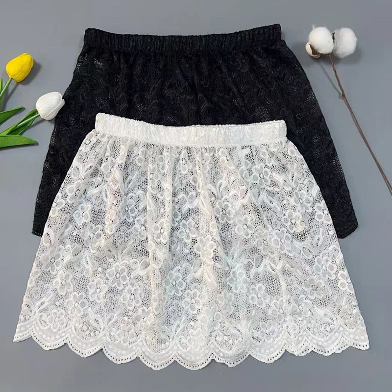 Elegant Floral Lace Skirt Women Elastic Waist Scalloped Hem Mini Black White Coquette Kawaii Summer Layering Underskirt