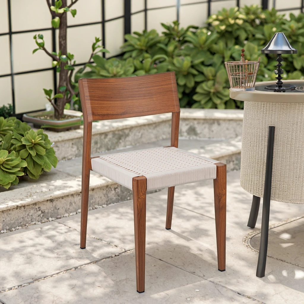 

Modern Premium Leisure Wood Grain Aluminium Outdoor Garden Chair Hand Woven Rope Weather Proof for Dining Hotel Cafe & Park Use
