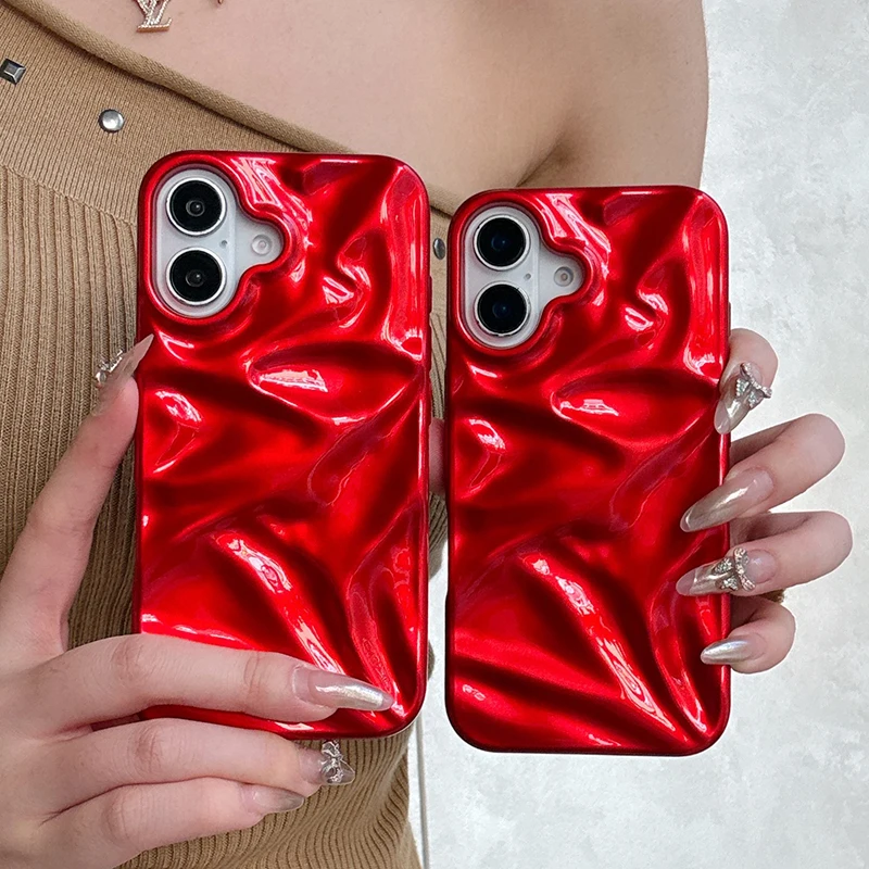 Red Glossy Irregular Wrinkle Phone Case For iPhone 16 Pro Max 15 13 12 11 14 Plus Soft Silicone Protective Back Cover