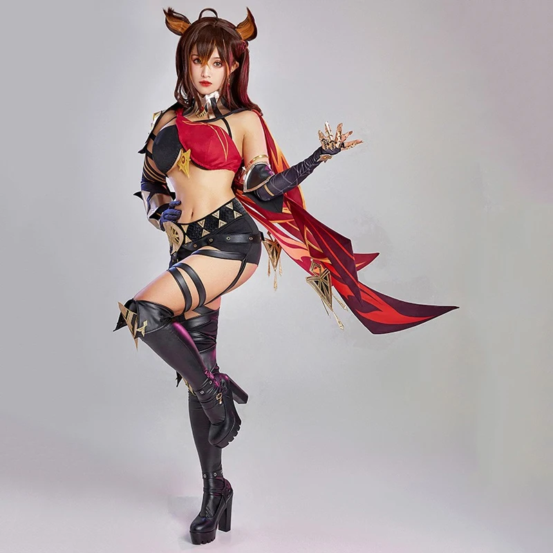 New Genshin Impact Costume Dehya Sexy Cosplay Red and black tube top Cool Women strap battle Costumet C