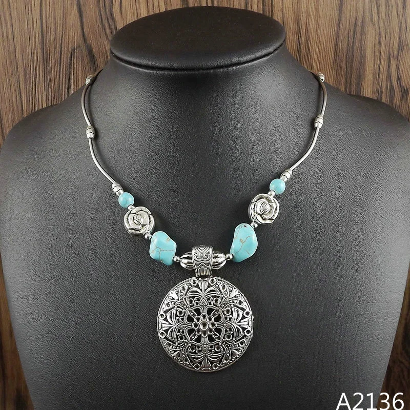 Bohemian Concho Turquoise Stone Flower Pendant Necklace Western Jewelr Statement Ethnic Style Necklaces Boho Gift For Women Girl