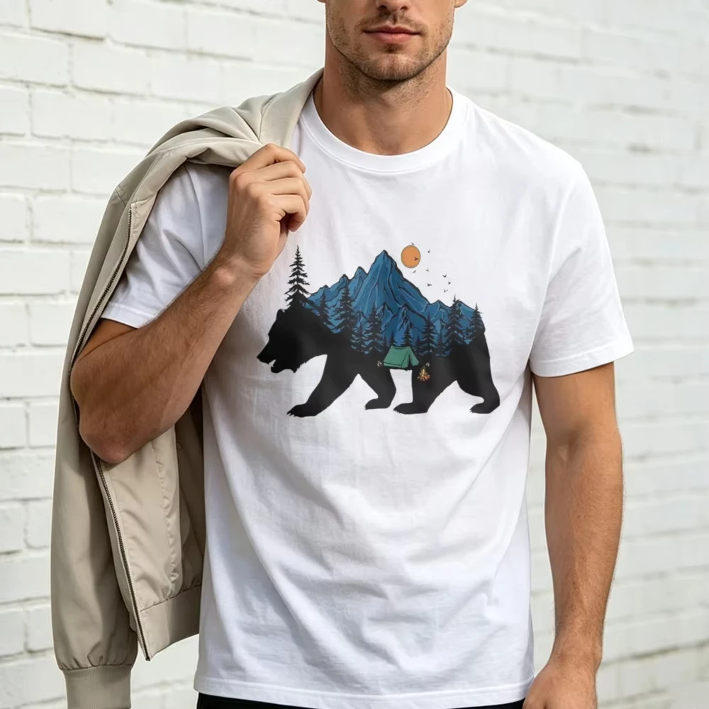 Bear Mountain Camping T-Shirt Mountain Forest Silhouette Nature Lover Men Women Streetwear Tops Summer Cotton Casual Shirt