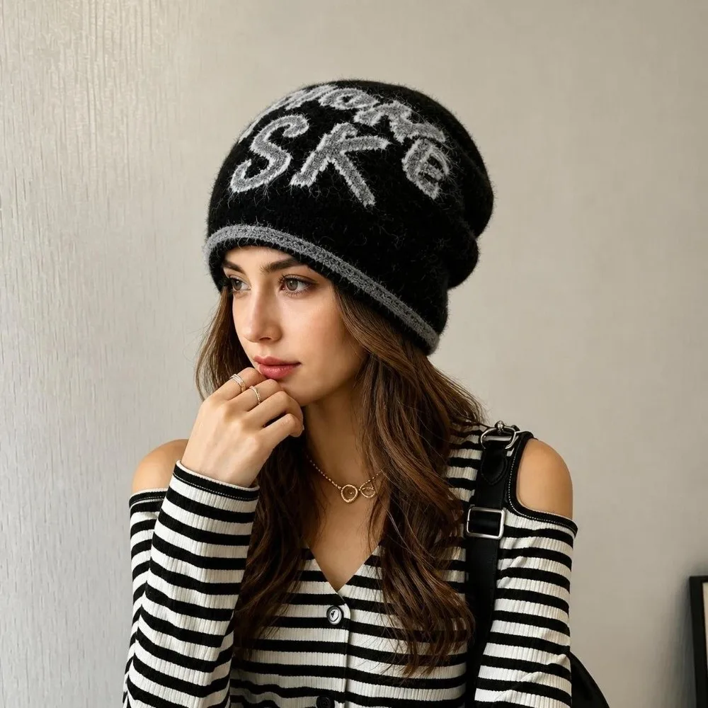 Versatile Large Head Size Knitted Hat Windproof Keep Warm Beanies Hat Jacquard Letter Beanie Bucket Hat For Couple