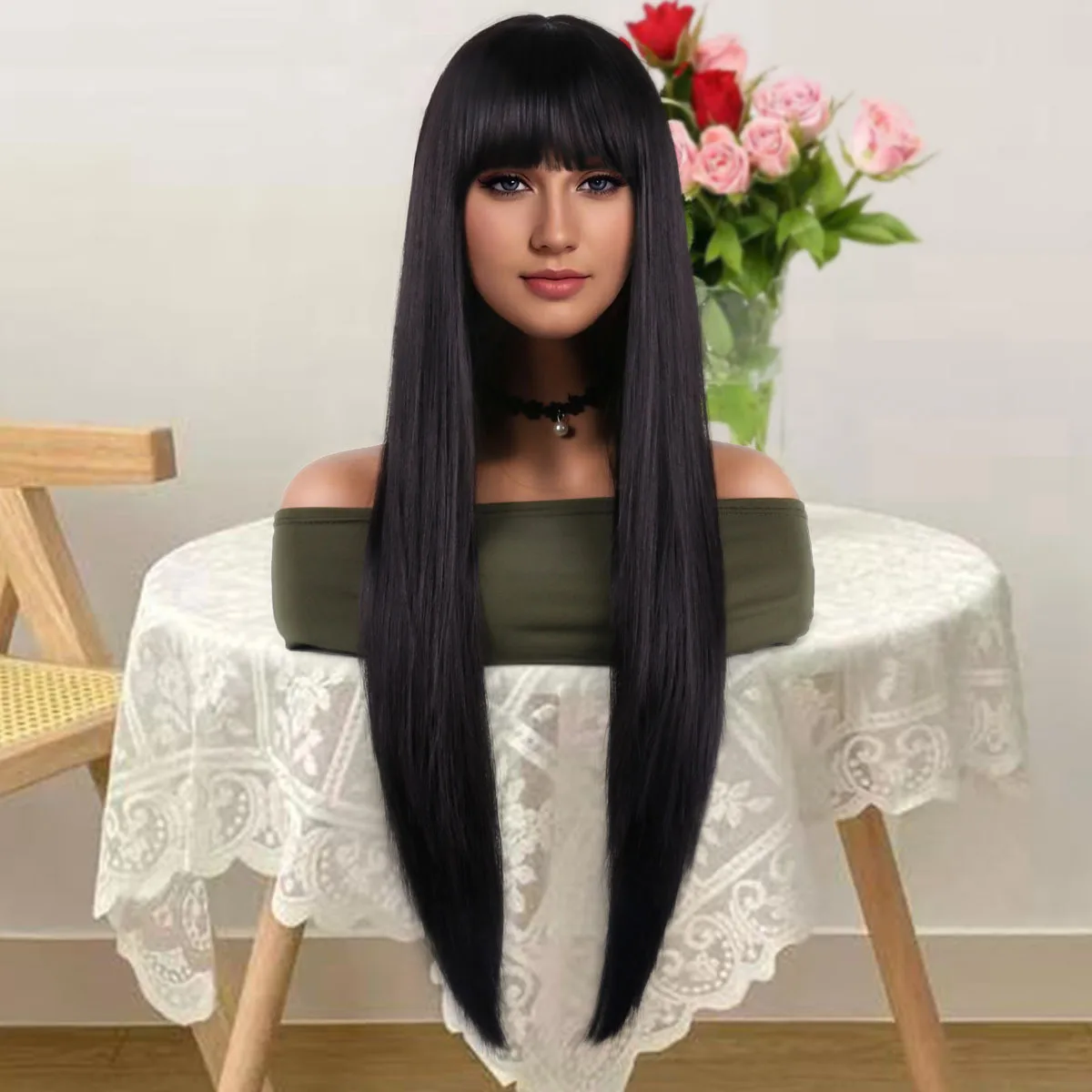 

Черный длинный прямой парик с челкой, натуральный гладкий термостойкий синтетический парик на всю голову для женщин