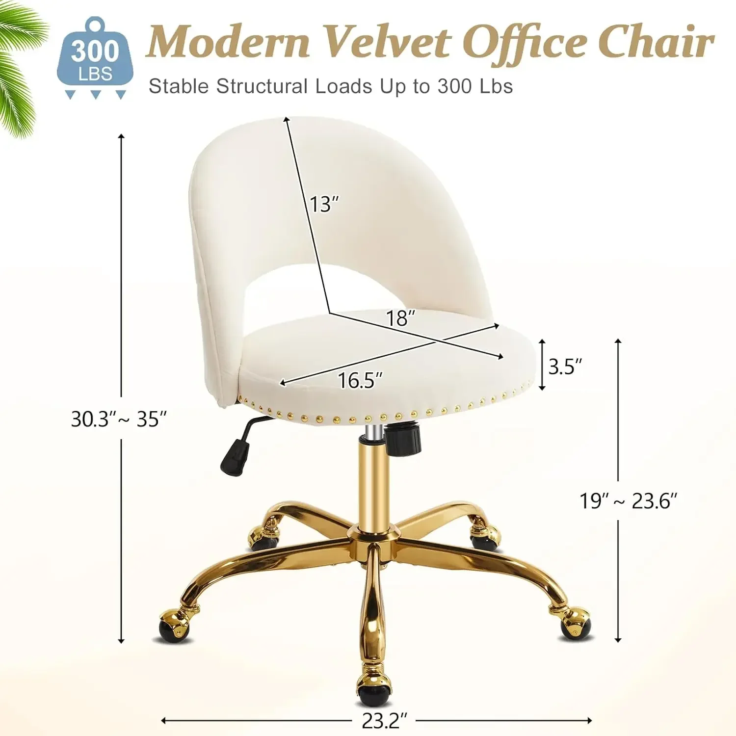 Modern Velvet Small Office Chair,Cute Desk Chair with Wheels,Gold Base/Studs, Comfy Armless Swivel Vanity Task Chair for Women