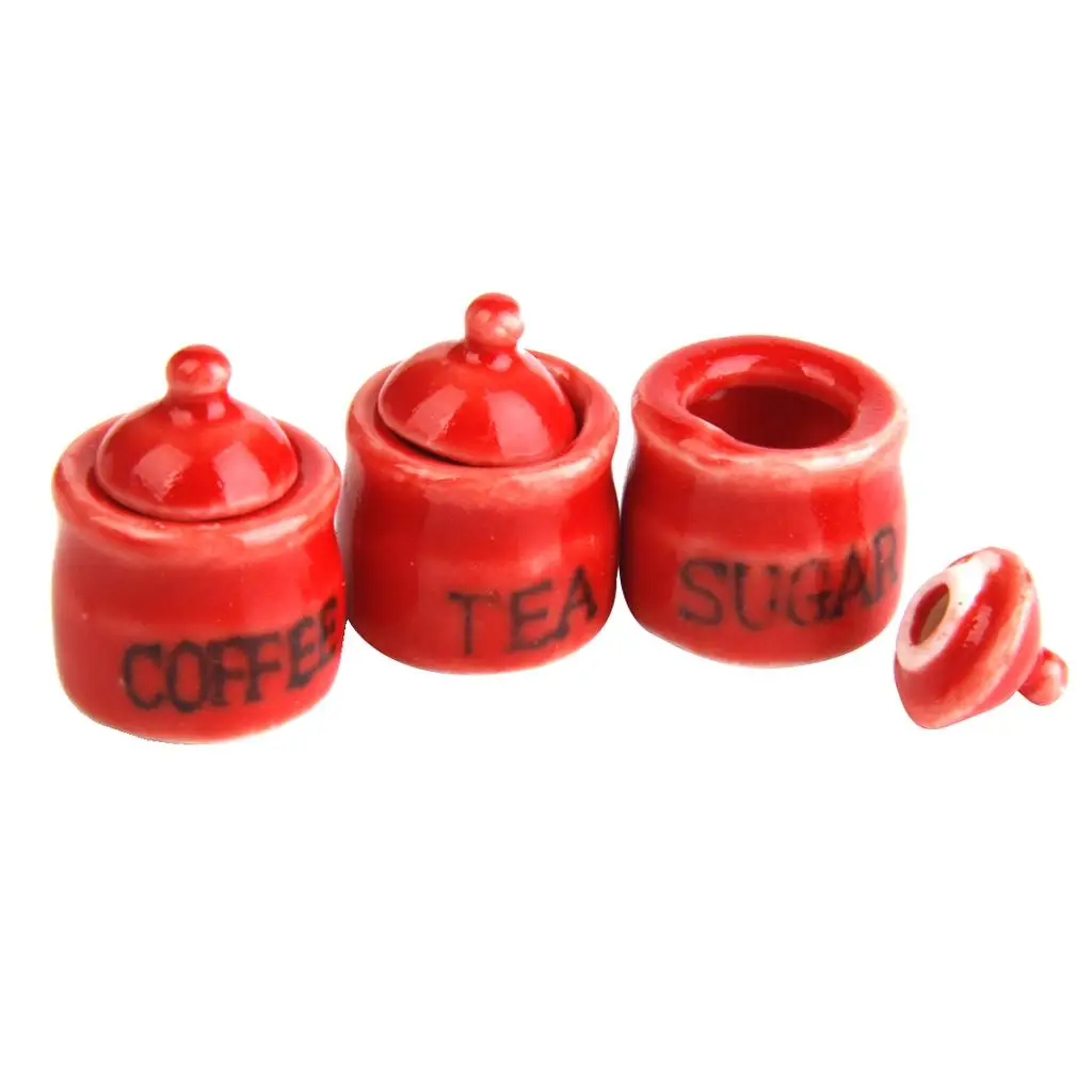 1/12 Dolls House Accessory 3 Pieces Cute Red Ceramic Storage