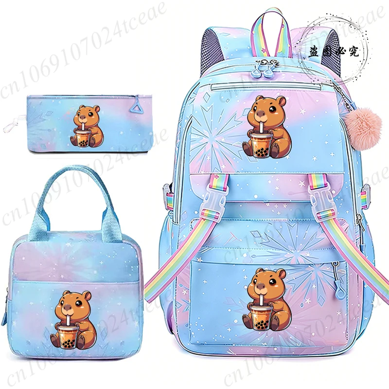 

Capybara Boba Tea Print Backpack Lunch Bag Set School Bag Pencil Case Girl Back To School Gift Leisure Mochila Teens Travel Bags