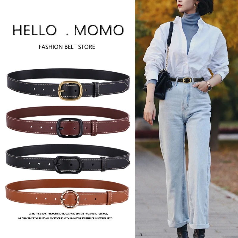 

Trendy Black Skinny Belt for Womens 2.8cm Width Ladies Belts for Dresses and Jeans Genuine Leather Belt Alloy Buckle Waistband