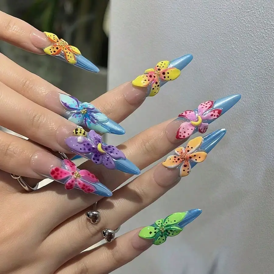 

24PCS 3D Embossed Colorful Floral Long Stiletto Press On Nails Reusable Easy Apply Women Girls Daily Party Casual Nail Art