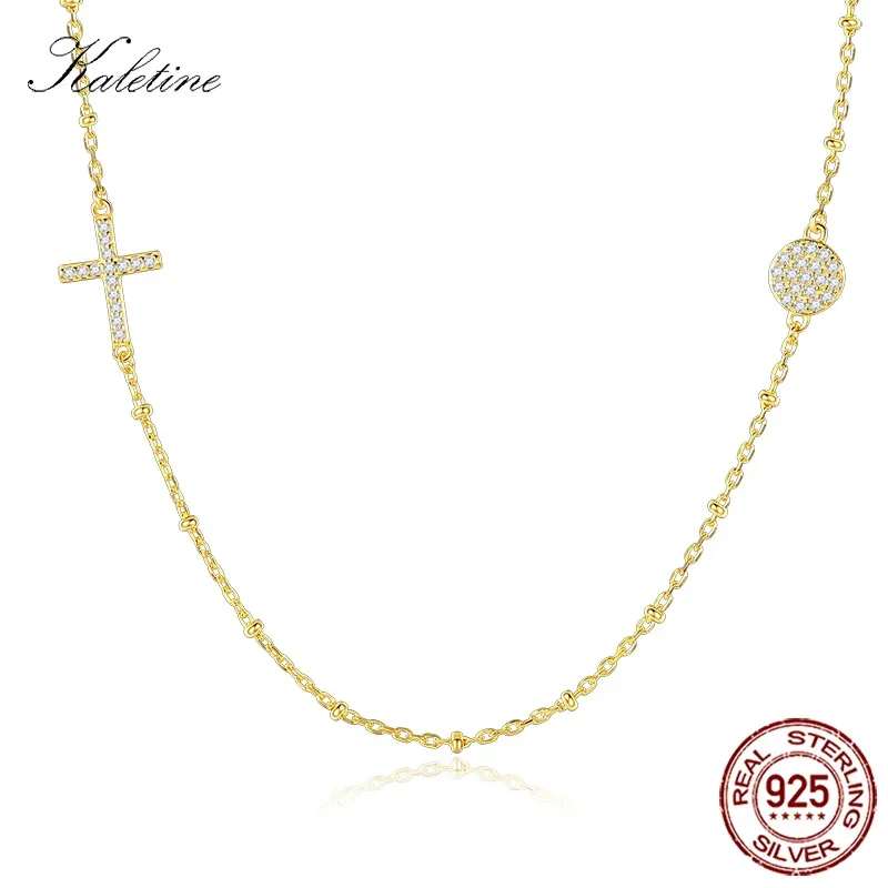 KALETINE Luxury 925 Sterling Silver Necklace Women Round Zircon Cross Christian Jewelry Evil Eye Gold Necklace Link Chain