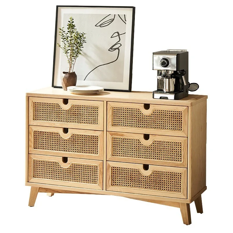 Nordic solid wood rattan four-chest cabinet, simple modern living room drawer locker