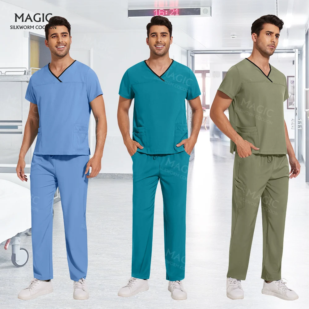 

Solid Color Pet Grooming Working Clothes Soft Medical Jogger Uniform Men's Scrub Tops Pants Workwear Nurse Accessories Scrub Set