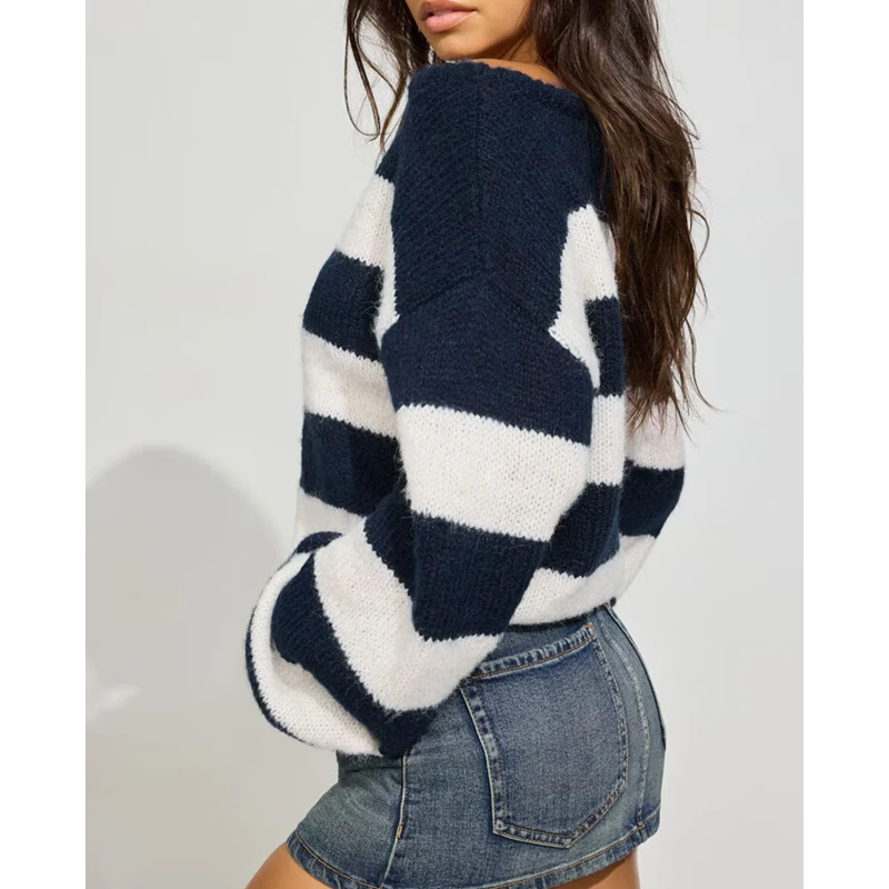 

Combhasaki Women Ribbed Crew Neck Lantern Long Sleeve Knitted Sweater Y2k Striped Contrast Color Loose Knitwear Pullover Jumpers