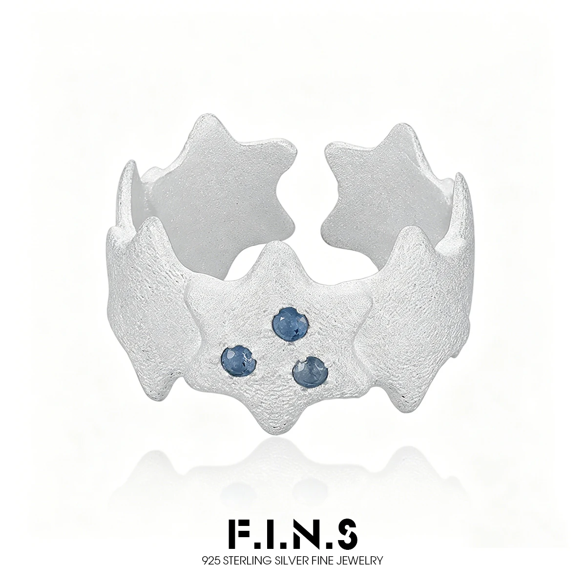 

F.I.N.S Original S925 Sterling Silver Frosted Star Shaped Blue Rhinestone Ring Minimalist Matte Open Wide Cuff Finger Fine Jewel