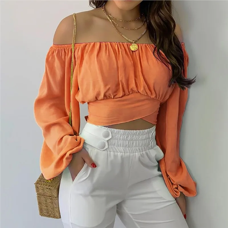 ผู้หญิงเซ็กซี่ปิดไหล่พิมพ์เสื้อChicและElegantโคมไฟแขนยาวLace Up Bow Cropped Tops Casual Slimเสื้อ 2024