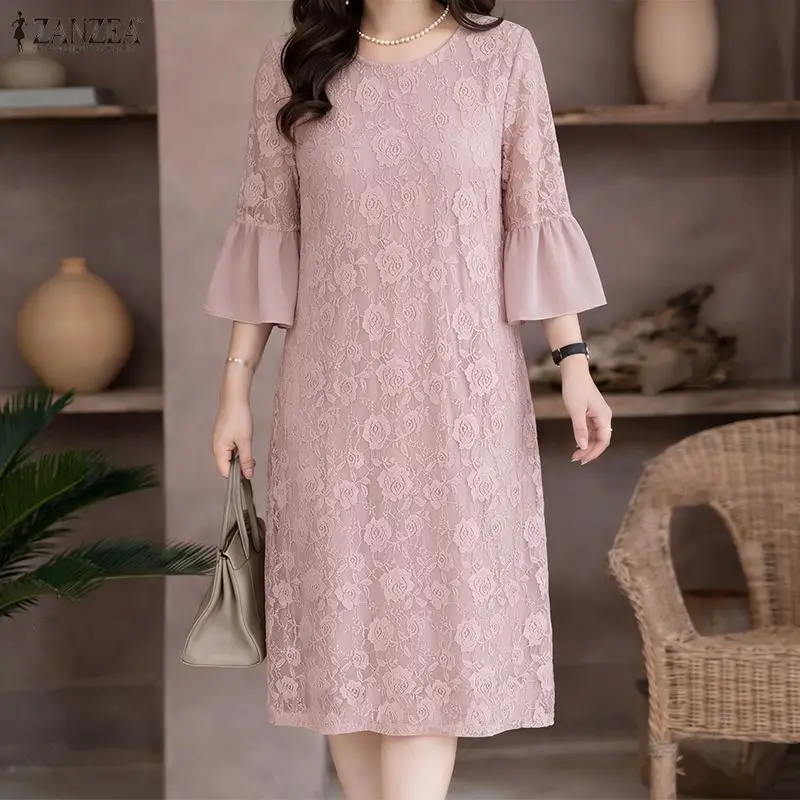 ZANZEA Sommerkleider mit Spitzen-Patchwork, elegantes, besticktes Sommerkleid mit O-Ausschnitt und ausgestellten Ärmeln, knielanges Kleid, stilvolles Partykleid
