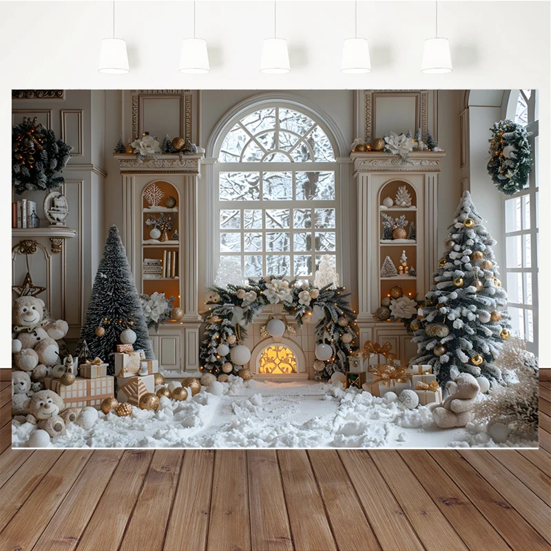 Фон для фотосъемки с изображением белого коттеджа рождественской елки