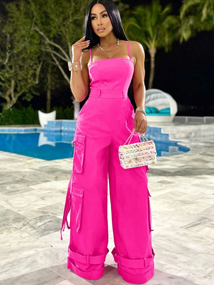 Sexy Spaghetti Strap Cargo Jumpsuit Women Summer Sleeveless Strapless Wide Leg Pants with Pockets One Pieces Romper Overall