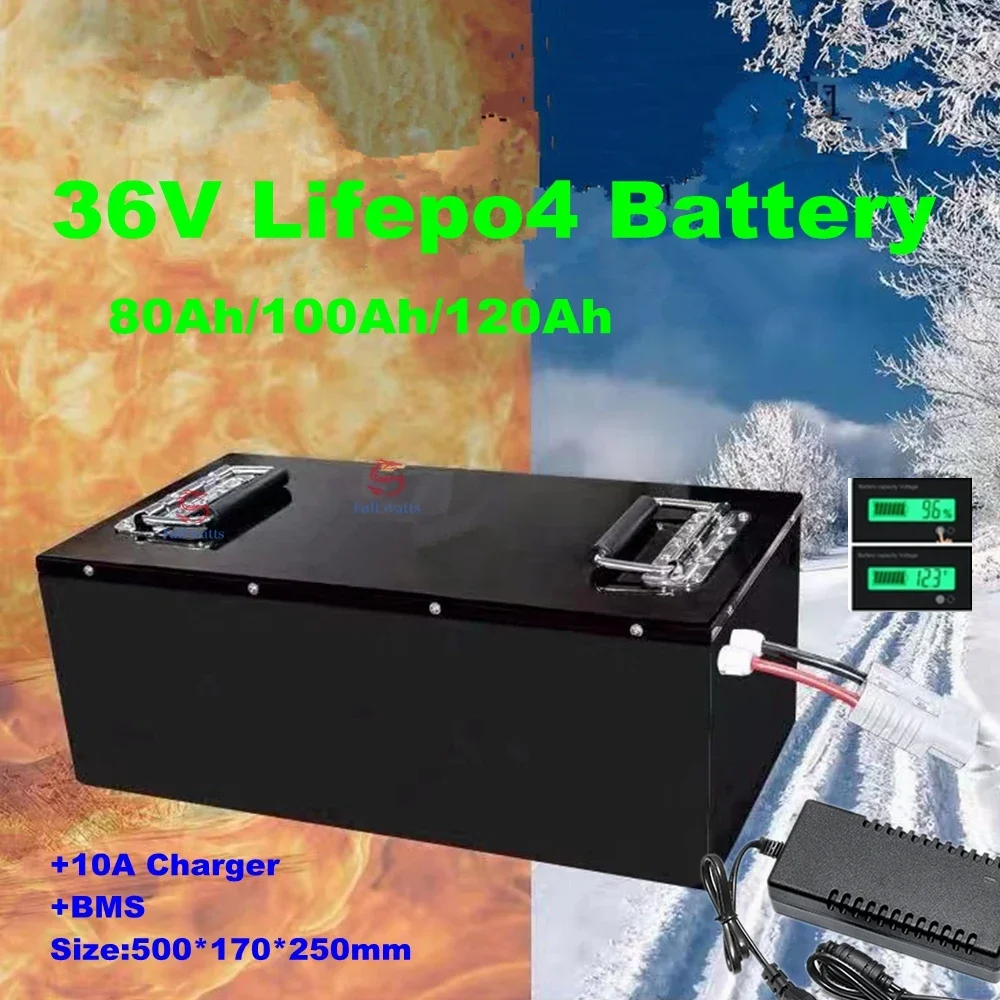 

Lifepo4 36V 100Ah 120Ah 150Ah 80Ah Lifepo4 battery pack with BMS for solar system trolling motor boat+10A Charger