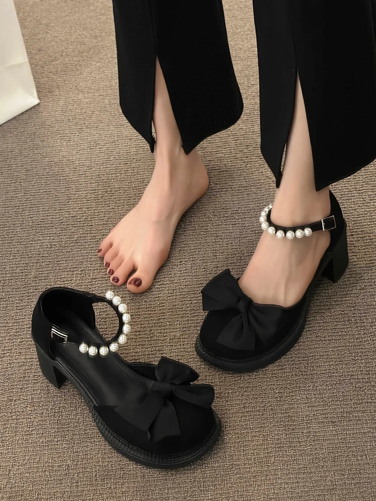 All-Match Bow Shoes 2024 Sandals Mary Jane Clear Heels Suit Female Beige Med Anti-Skid New Closed Black Block Comfort Medium Gir