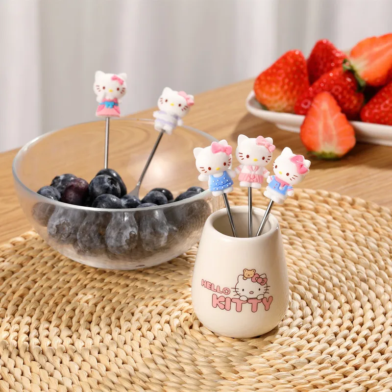 Sanrio Fruit Fork Kuromi Kawaii Anime Cartoon Cute Student Stainless Steel Fork with Storage Jar Fruit Stick Toys Girls Gifts