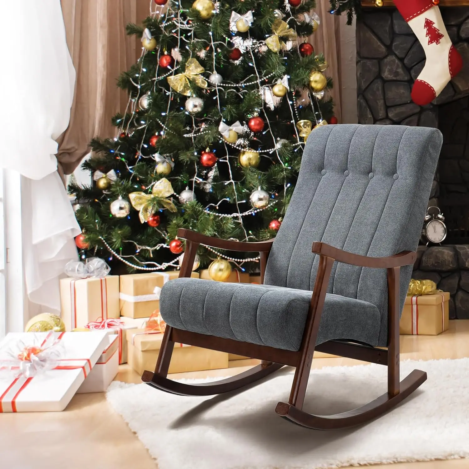 AVAWING Upholstered Rocking Chair with Fabric Padded Seat,Comfortable Rocker Solid Wood for Living Room