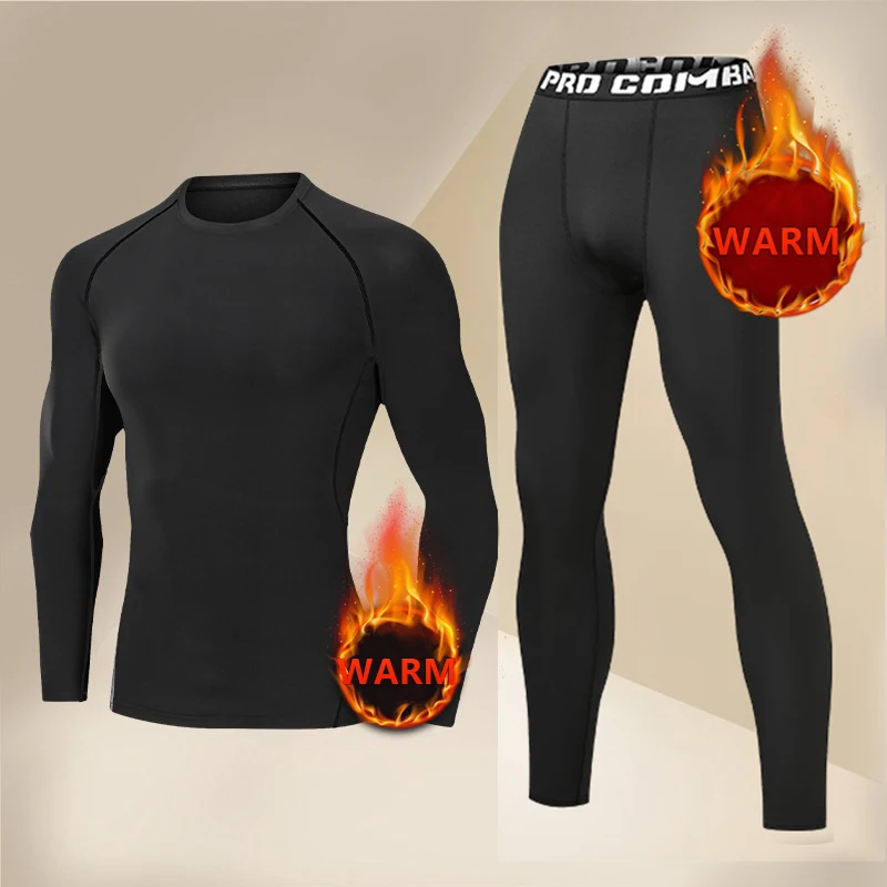 Winter Running Set Men's Velvet Warm Underwear Quick Drying Tight Clothes Sports Fitness Skiing Training High Elasticity