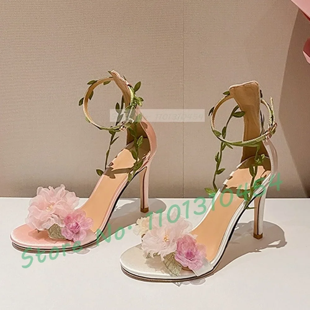 

Colorful Floral Sandals With Green Leaf Women Gorgeous Pink Satin Shoes Ladies High Heels Summer Design White Wedding Sandals