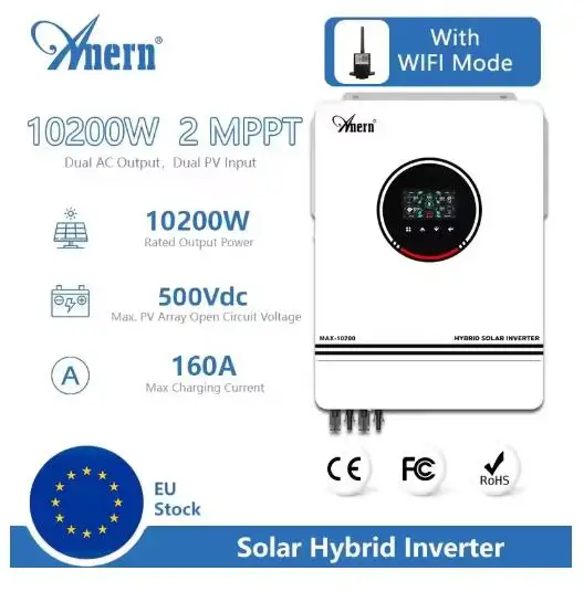 10.2KW 8200W 10200W On and Off Grid Dual MPPT Solar Inverter Hybrid 160A 230V Pure Sine Wave DC 48V for Battery Charger