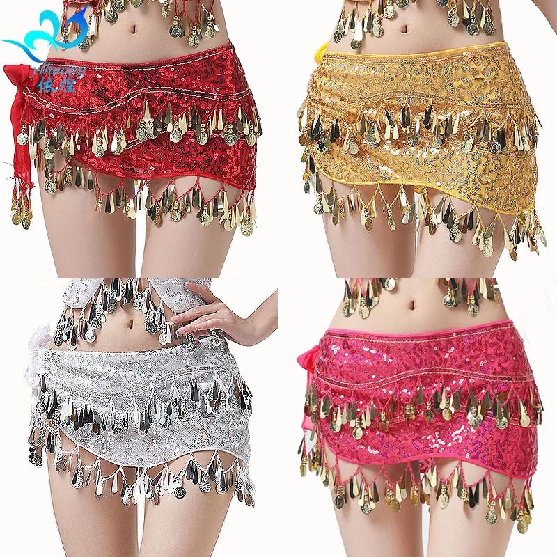 Sexy Women Belly Dance Hip Skirt Scarf Wrap Belt Glitter Sequins Tassel Hip Scarf Skirt Halloween Dance Performance Costume