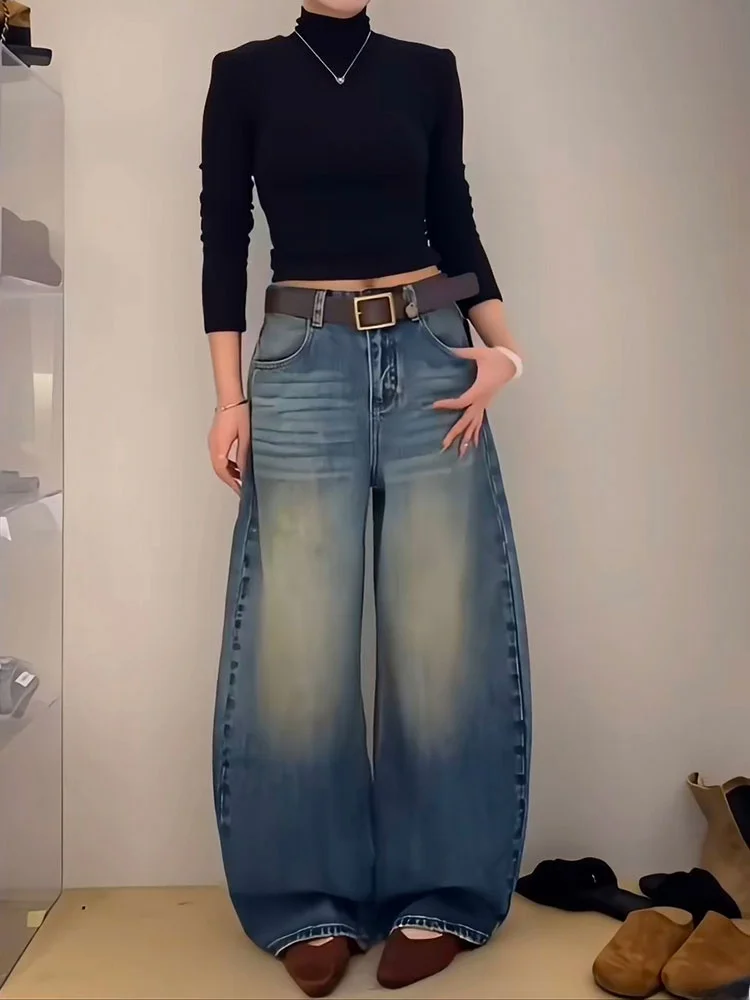 

Синие джинсовые брюки с высокой талией и широкими штанинами на подкладке, американские брюки-ножи, новое поступление, зима 2025 г., женские джинсы